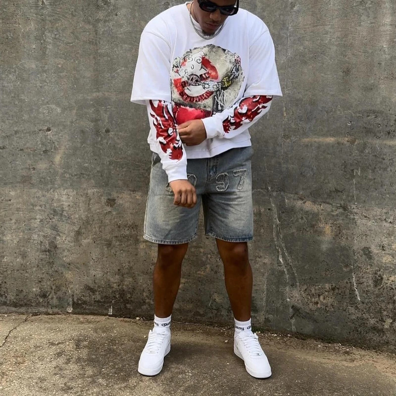 Street Retro Fashion Mens T-shirt Y2K Fashion Personalized Long Sleeve Mens and Womens Hip Hop Casual Loose Top 241112