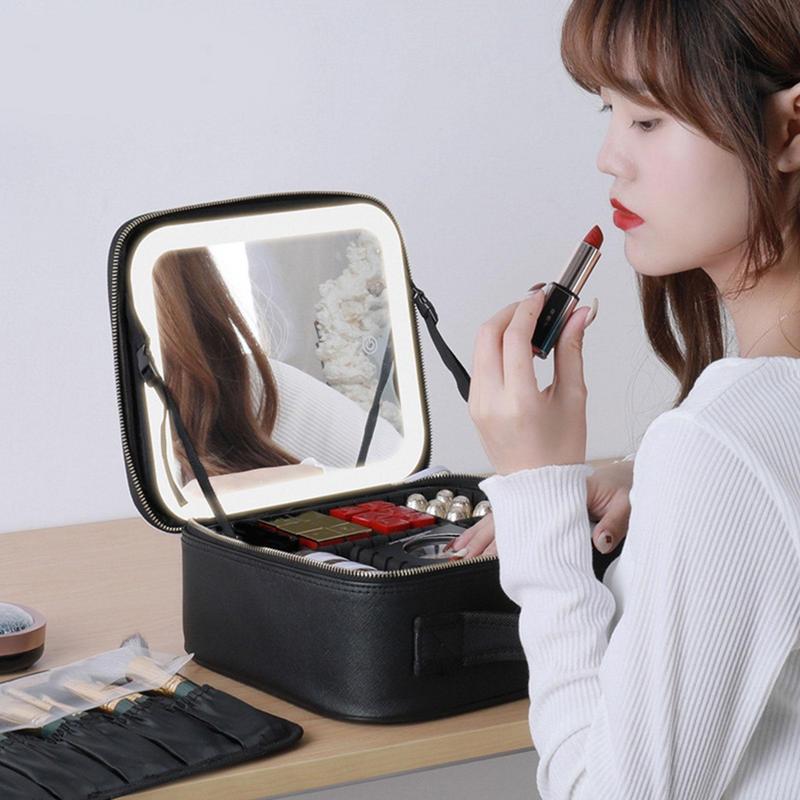 Smart LED Makeup Bag With Mirror Large Capacity Waterproof PU Leather Travel Cosmetic Case For Women Jewelry Box Organizer Case 1697d