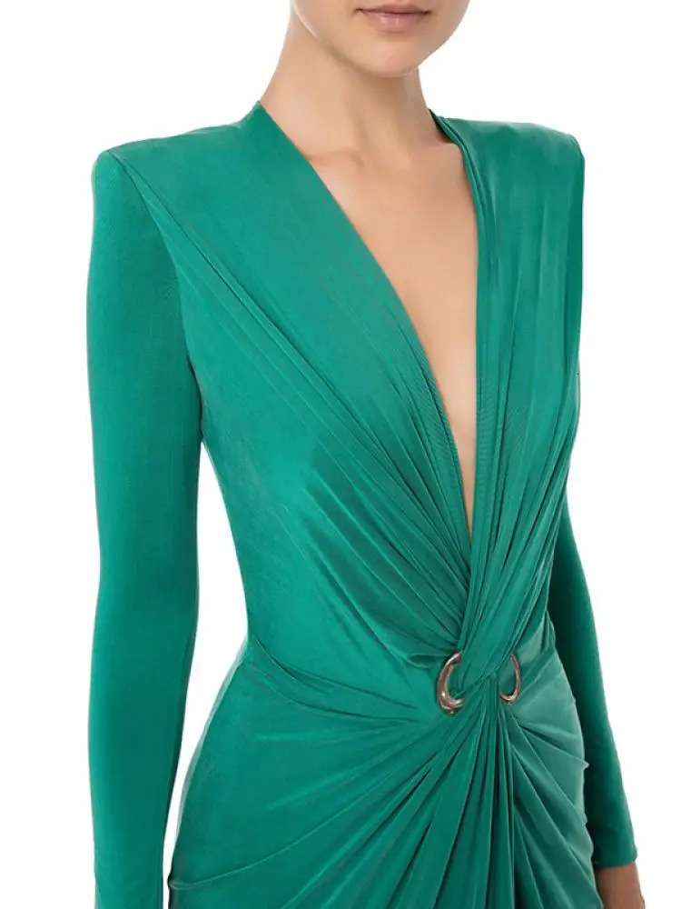 Uoozee Arrivals Solid Color SplitFront Deep VNeck XShape Evening Dresses Long Sleeves Pleated Prom Gown for Women 240402