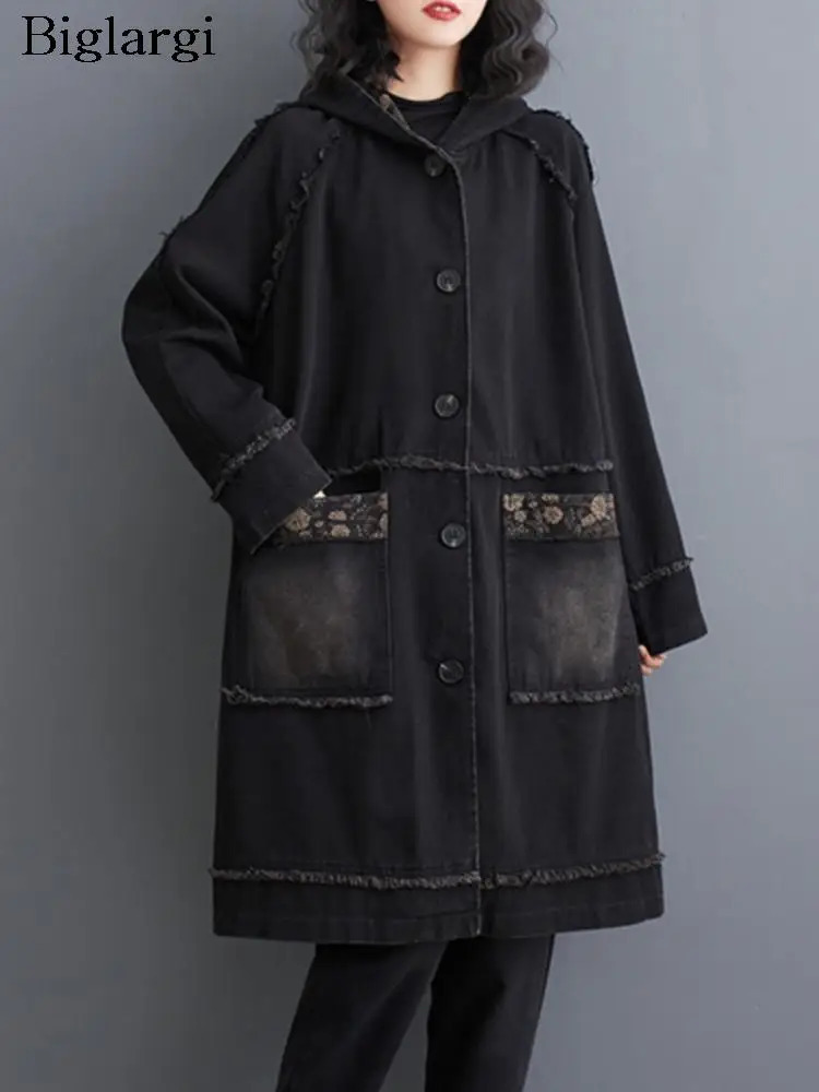 Denim Spring Hooded Midi Coat Womens Flower Printed Patch Work Fashionable Loose Womens Jacket Casual Long Sleeve Womens Trench Coat 241112