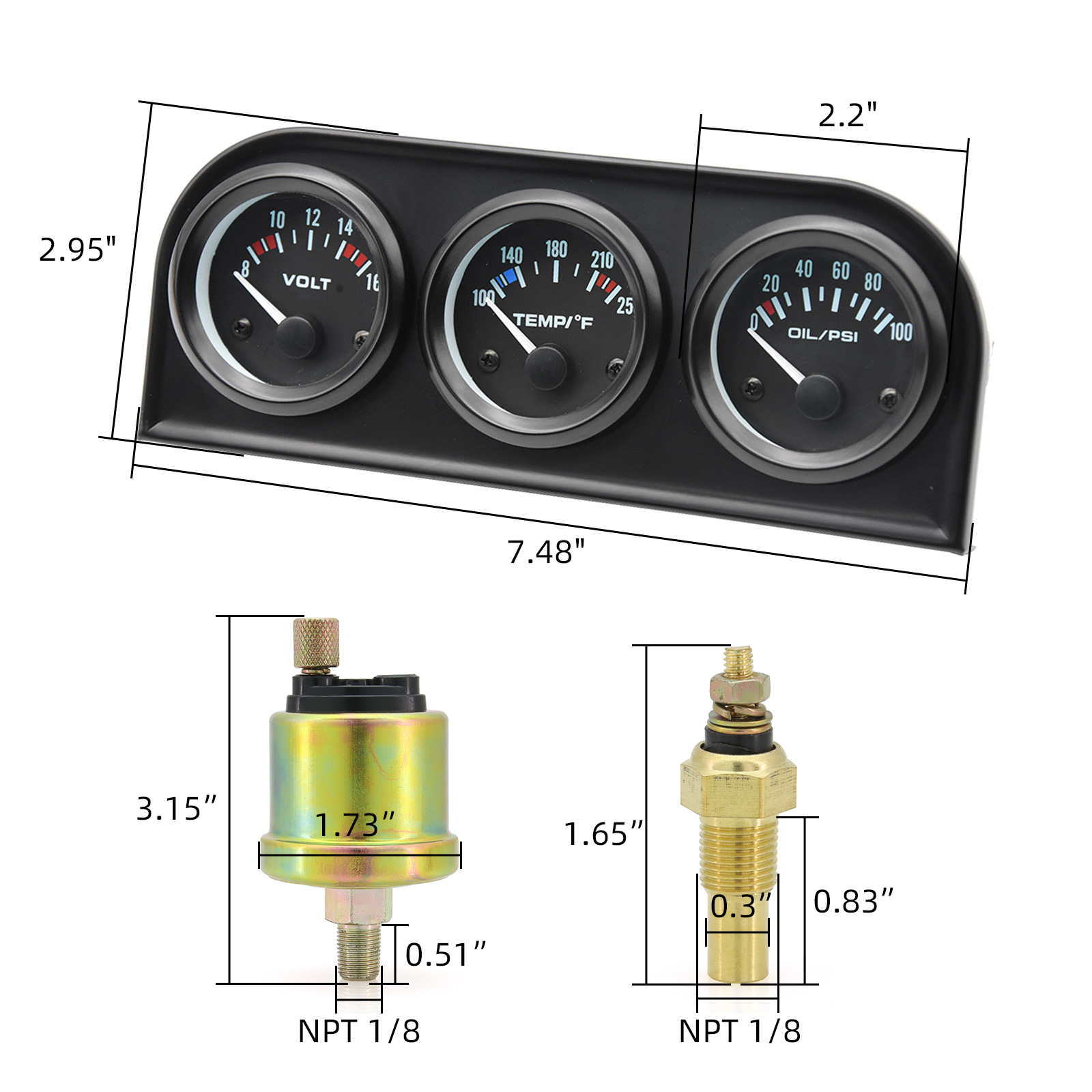 52MM 3 In 1 Pressure + water temp gauge Kit Volt meter with sensor Oil Temperature Gauge Triple Meter
