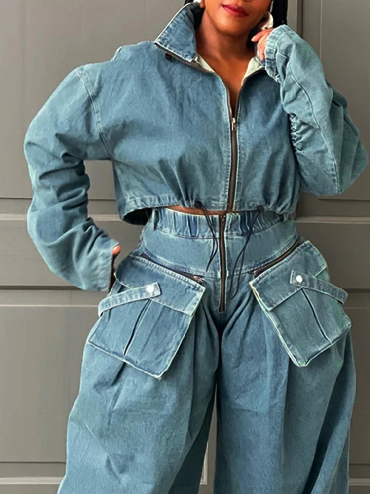 CHICEVER Streetwear Retro Cowboy Jacket Womens Stand up Collar Long Sleeve Splicing Work Zipper Autumn Casual Loose Jacket Womens 241112