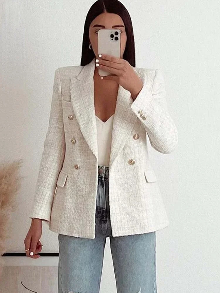 Womens Double Breasted Tweed Blazer Long Sleeve Coat Female Outerwear Chic Top Traf Fashion Vintage Spring 241112