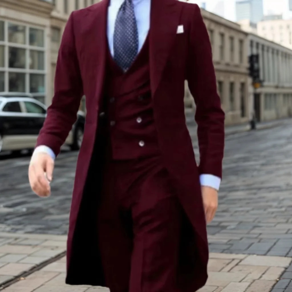 Elegant mens slim fit set 3-piece jacket vest pants set wedding stage costume party long tail jacket 241111