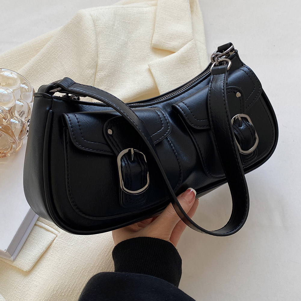Women Fashion Shoulder Bag Double Pockets PU Leather Simple Underarm Bag Y2K Retro Commuting Bag Large Capacity Chic Hobo Bag