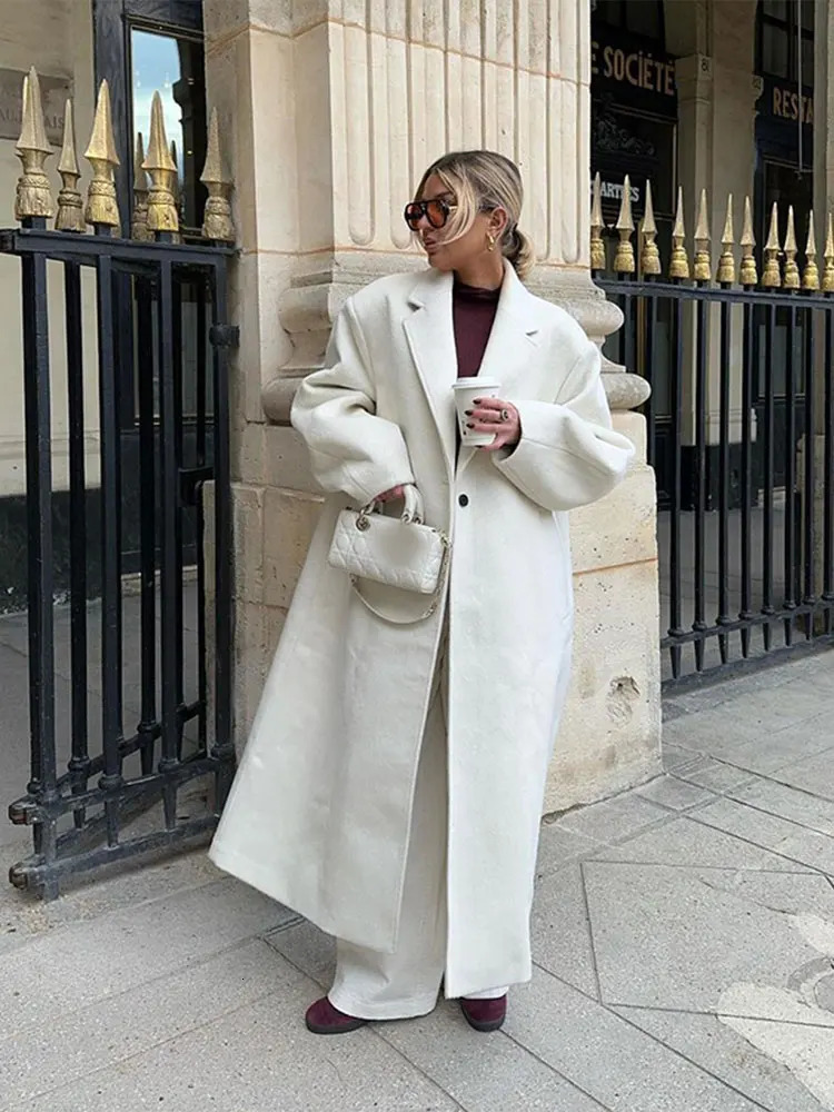 Autumn white collar long sleeved wool coat for women fashionable single button oversized long sleeved coat casual womens high street clothing 241112
