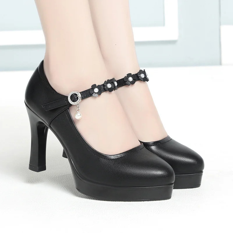 Ankle Strap High Heels Spring Women Pumps Autumn Thick Heel Shoes Platform Mary Jane Soft Leather Party Wedding Shoes 241112