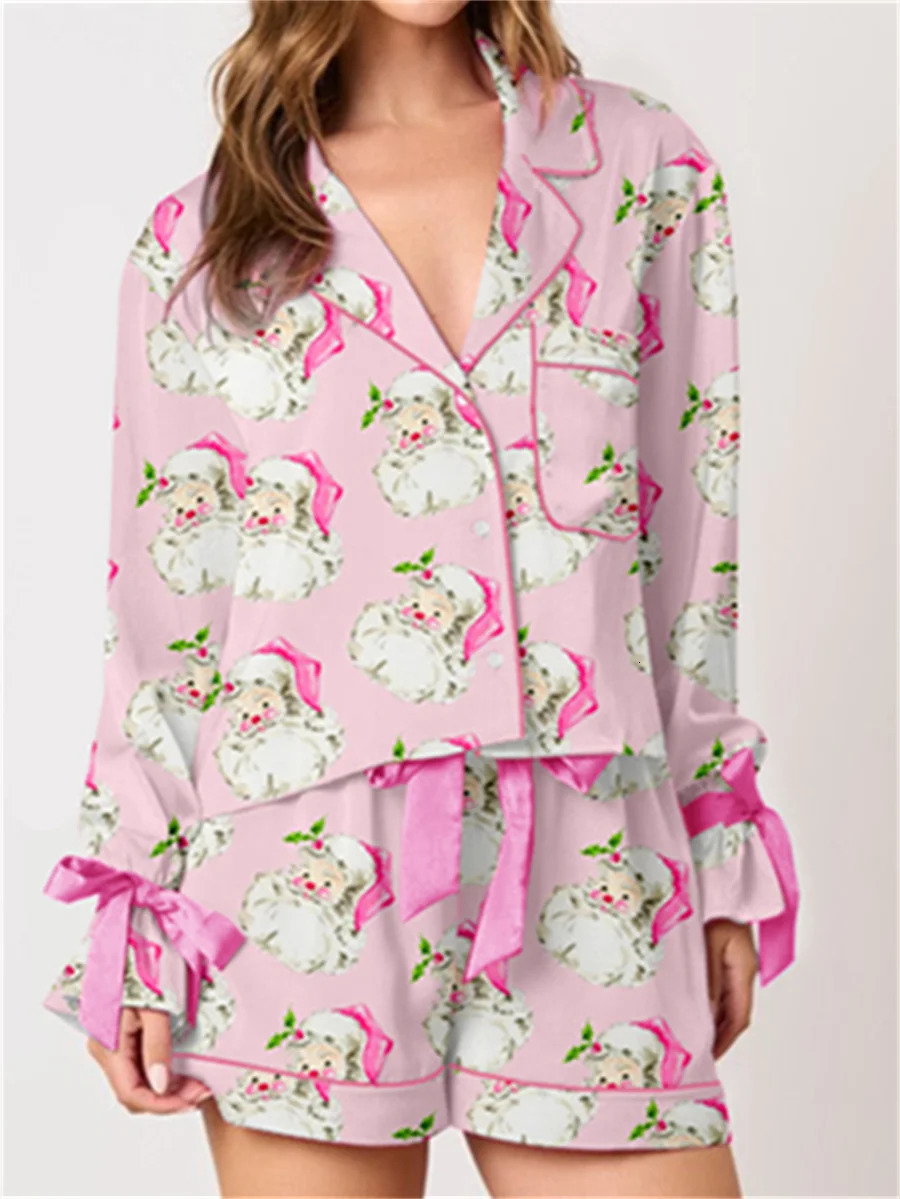 Women 2025 Christmas Pajama Set 2 Piece Button Down Shirt Nutcracker Satin Bow Santa Sleep Shorts Outfit Y2k Loungewear 241112