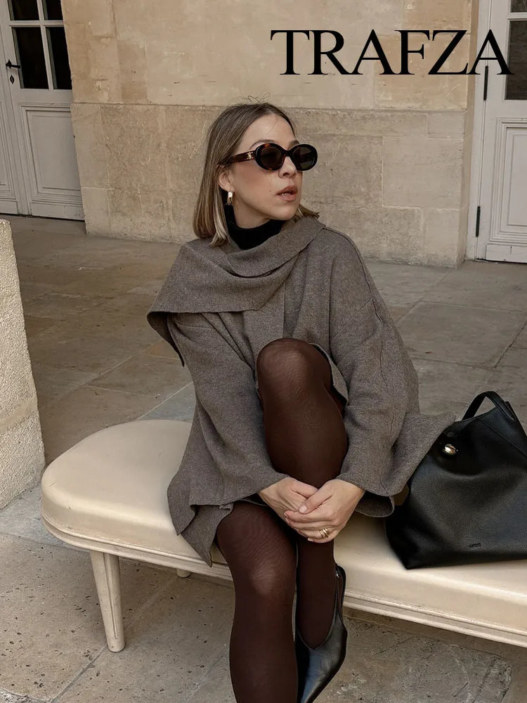 TRAFZA Female Elegant Spliced Cape Collar Woolen Coat Women Chic Long Sleeve Casual Jacket Fall Winter Loose Outerwear 241112