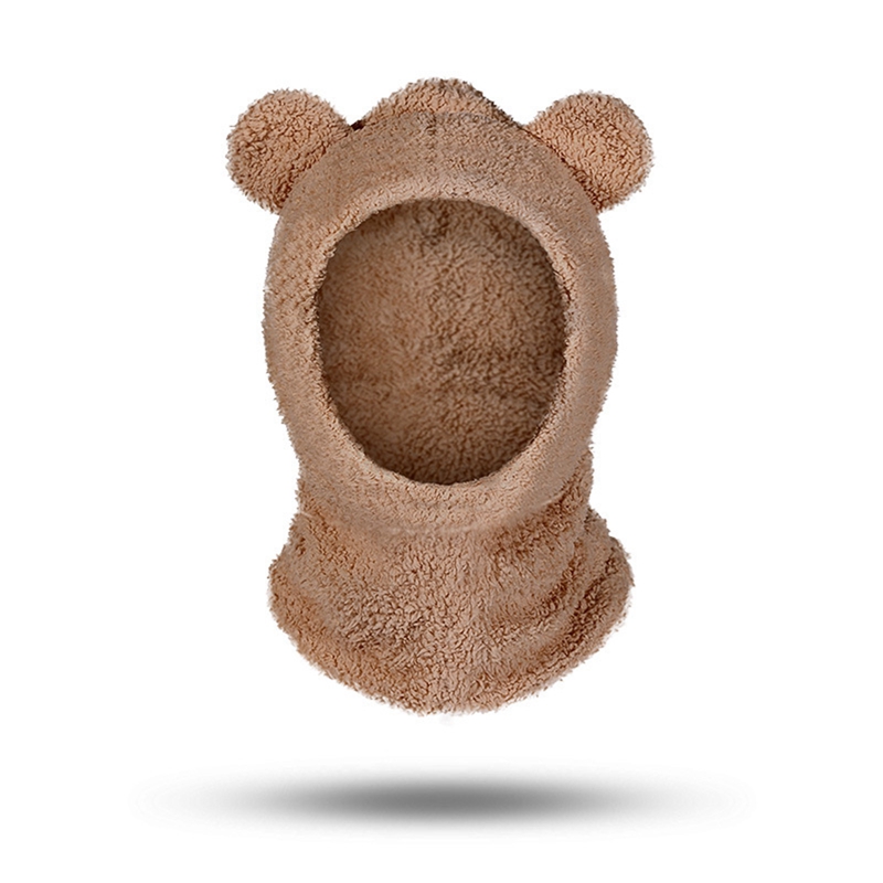 Cute Balaclava with Bear Ear Winter Women Beanies Caps Hood Warm Thick Plush Hat Scarf Gloves Set 3 in 1 Solid Color