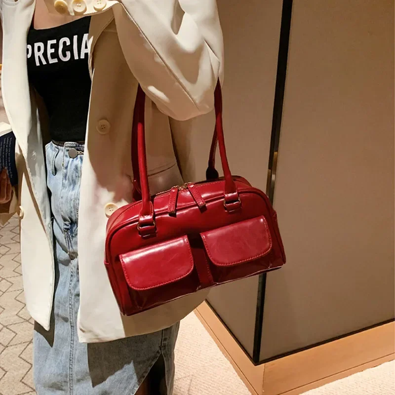 Retro Red Women's Satchel Hobo Bag Patent Leather Multi Pocket Luxury Designer Handbag Female Shoulder Underarm Bag Tote Purses