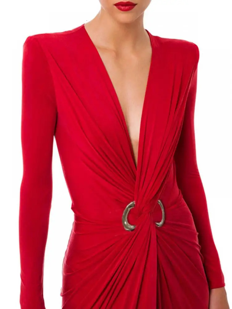 Uoozee Arrivals Solid Color SplitFront Deep VNeck XShape Evening Dresses Long Sleeves Pleated Prom Gown for Women 240402