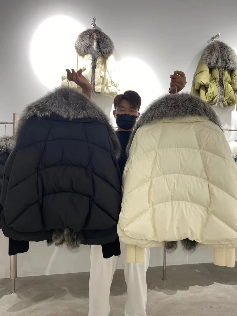 Winter Fox Fur Collar White Duck Down Padded Jacket Regular Fashion Warm Big Fur Collar Womens Coat 241112
