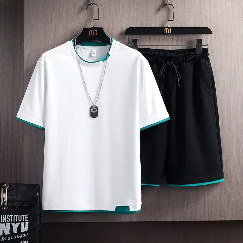 2024 Men Clothes Casual Summer Set Short Sleeve Fakte Two Piece Tshirt Shorts 2 Piece Set Male Sports Suit Harajuku Sports Set 240412