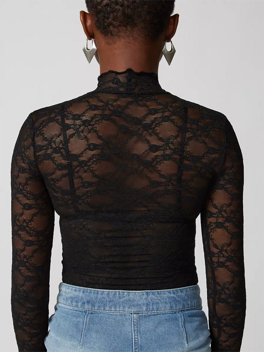 Womens Y2K Lace Floral Mesh Crop Tops Sexy Going Out Tops Long Sleeve See-through Slim Blouse Streetwear Clubwear