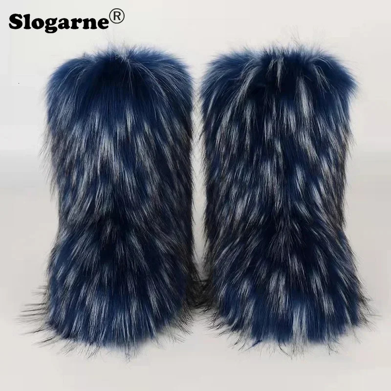 Womens Winter Fluffy Faux Fox Fur Boots Woman Plush Warm Snow Boots Footwear Girls Furry Fur Bottes Fashion Winter Shoe 241112