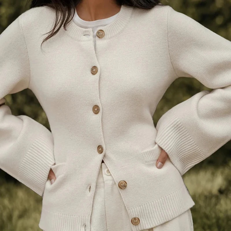 Elegant Wool Knitted Cardigan Jacket Women Autumn Winter Solid O Neck Single Breasted Slim Sweaters Streetwear Coat Outerwears 241111