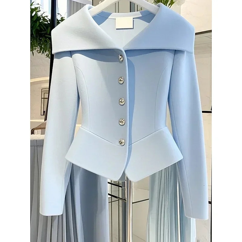 Autumn French Socialite Style Short Jacket Women Top Navy Collar High End Temperament Slim Fit Blazer Coat Clothing 241112