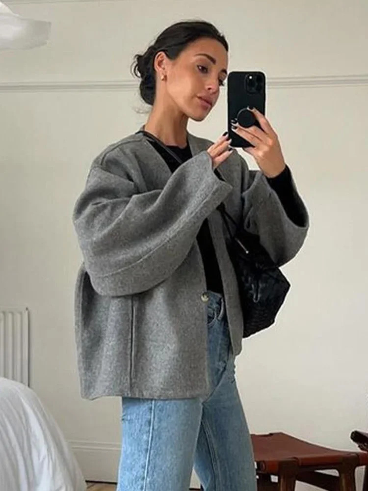 Vintage One Button Woolen Coat Women Gray Loose Long Sleeve Vneck Short Jacket Female Autumn Winter Casual Lady in Outwears 241112