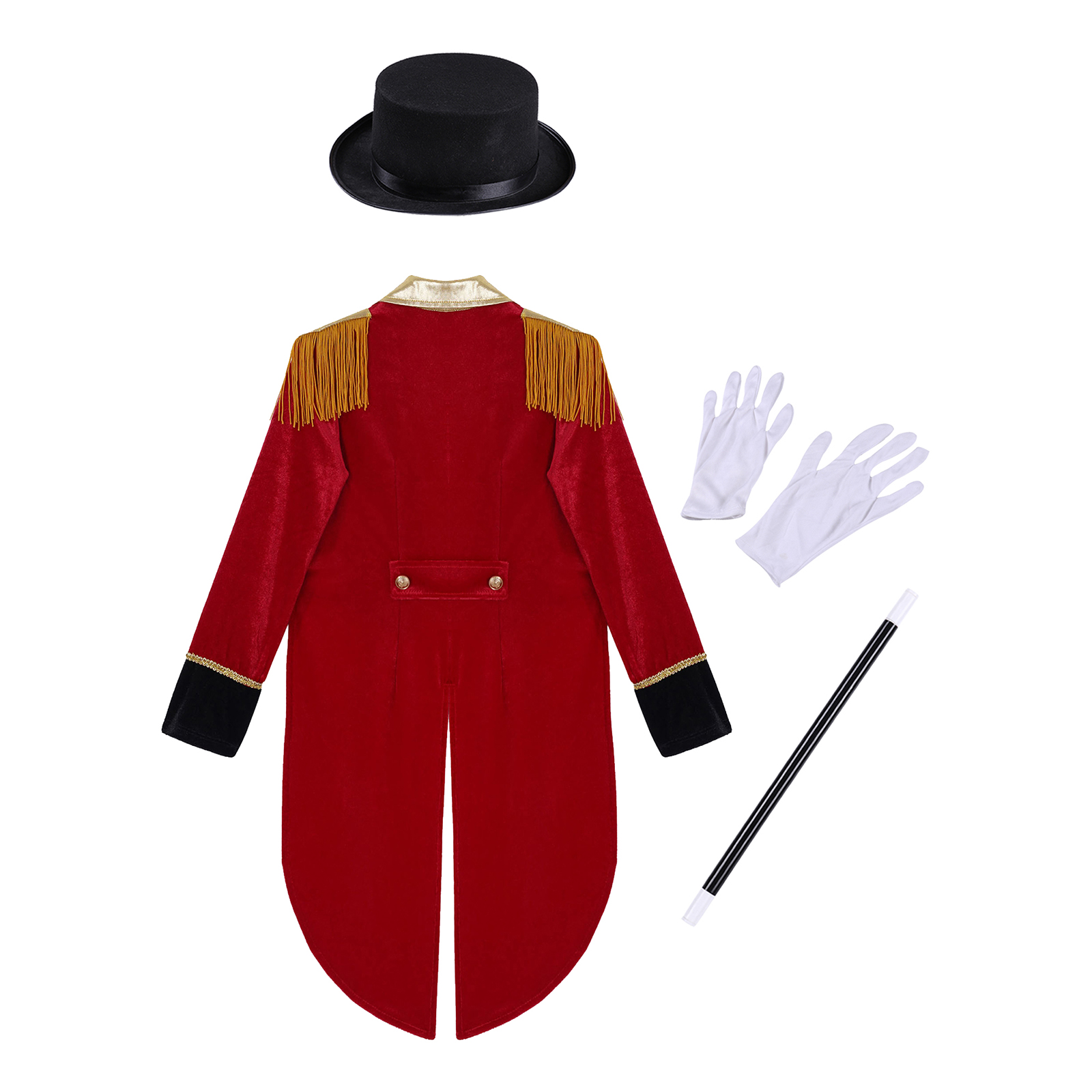 Kids Boys Circus Costume Set Long Sleeve Lapel Tassel Shoulder Tailcoat with Hat Magic Wand Gloves for Halloween Cosplay 76f4f