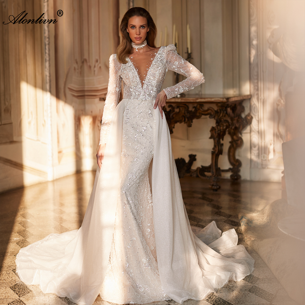 Sparkly Lace Sheer v-Neck 2 In 1 Mermaid Wedding Dress Stunning Beading Sequined Lace With Removable Silky Tulle Train Full Sleeves Backless Trumpet B