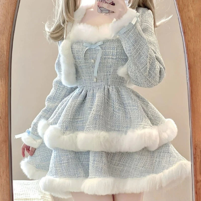 Elegant Korean style coarse woolen plain dress set for womens plush patch work short wool jacket sexy bow mini skiing Japanese fashion set 241112