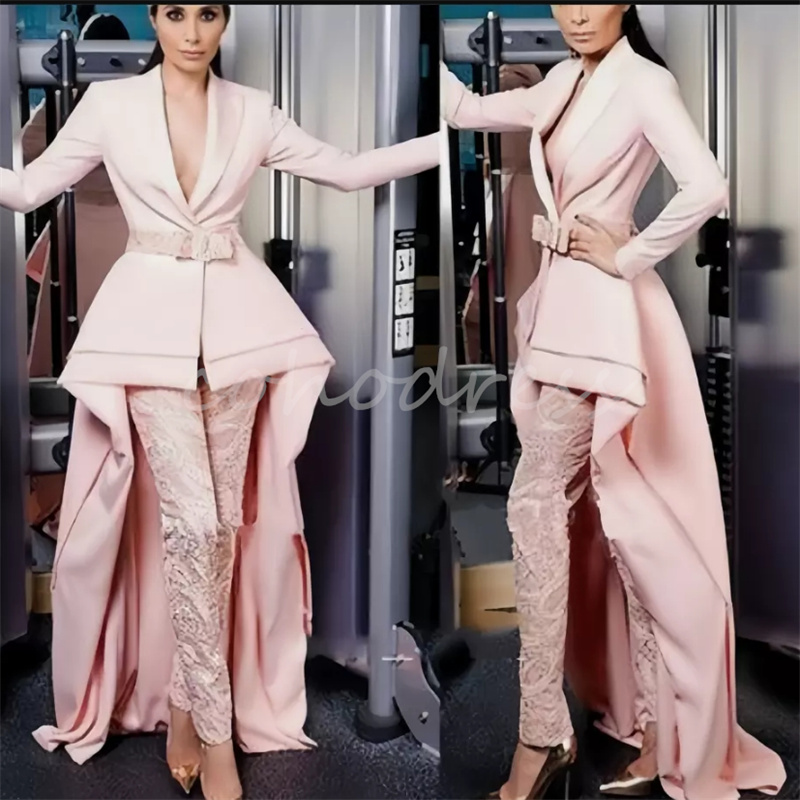 Elegant Pink Pantsuit Evening Dresses With Lace Sexy Deep V Neck Long Sleeve Satin Engagement Formal Prom Gowns Vestio De Fiesta 2025 Second Party Gow