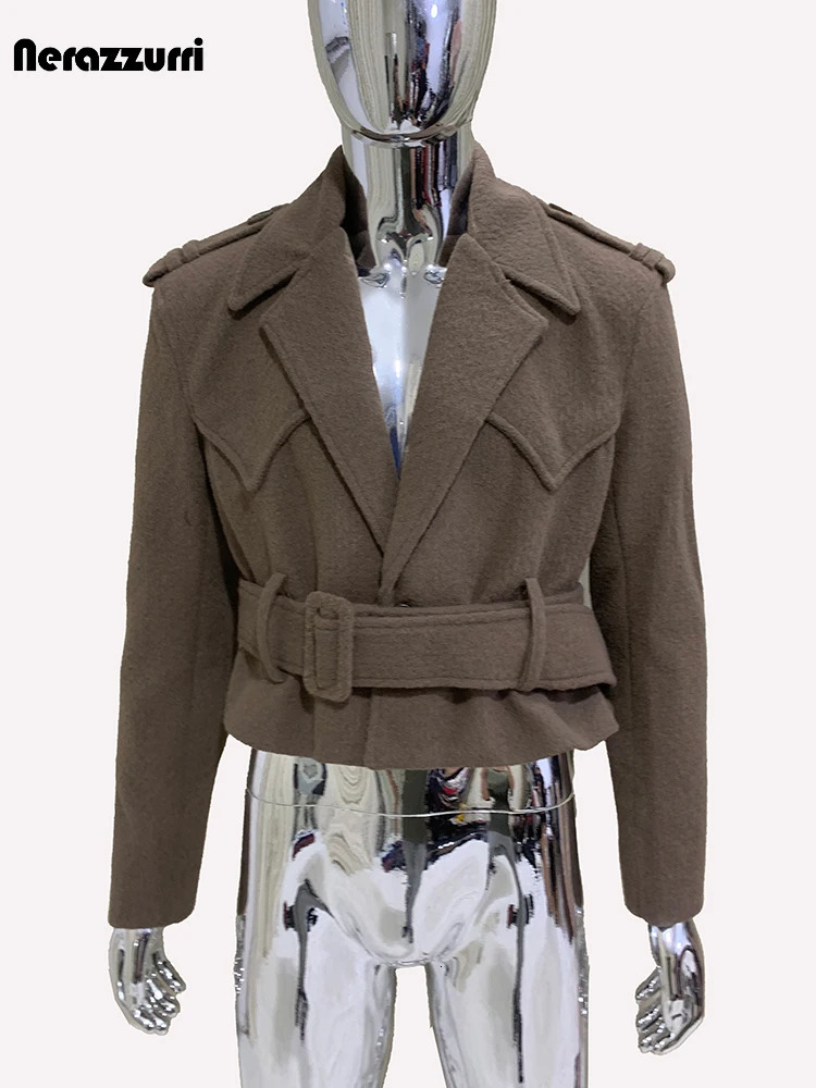 Mauroicardi Autumn Elegant Warm Short Woolen Jacket Men Belt Long Sleeve Single Breasted Clothes 2024 241108