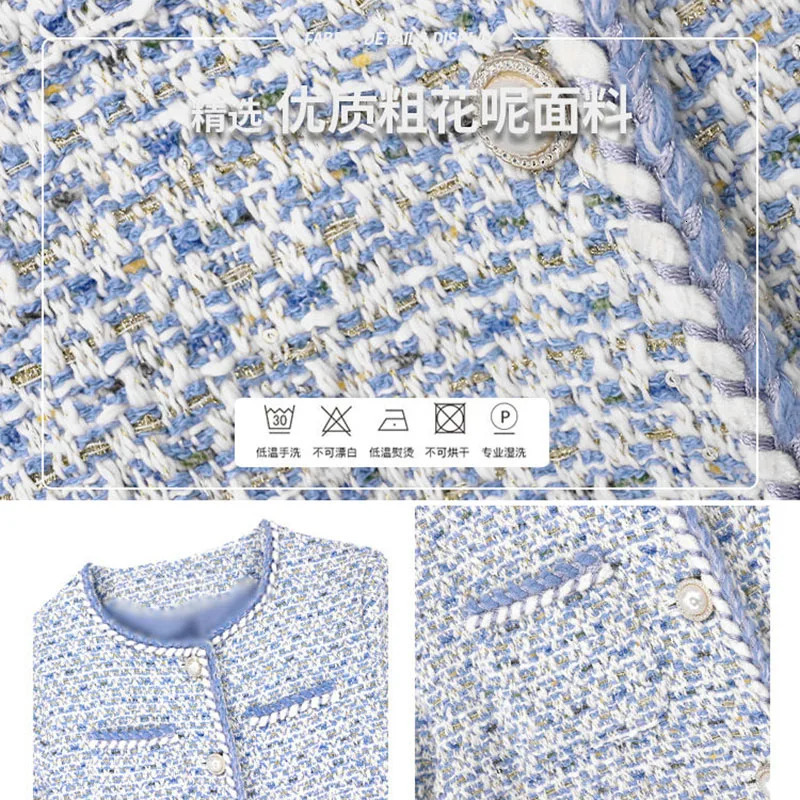 Elegant Blue Plaid Tweed Jacket Women Vintage Round Neck Pearl Button Short Coat Korean Fashion Chaqueta 241112