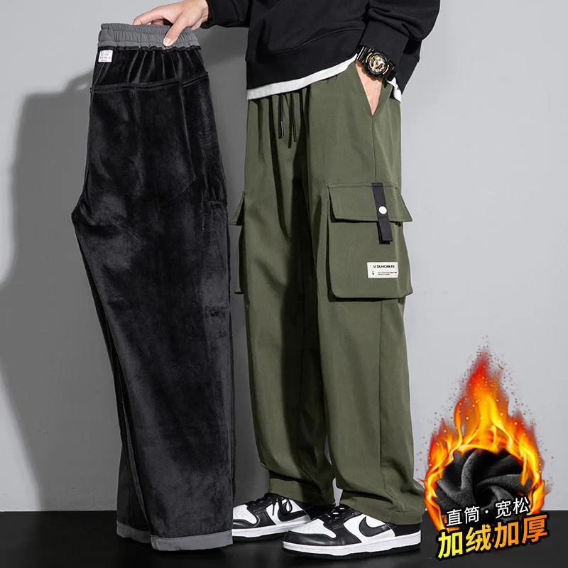AutumnWinter Fashion Trend Loose Straight Leg Overalls Mens Casual Comfort Plus Fleece Thickened PlusSize Pants 8XL 241112