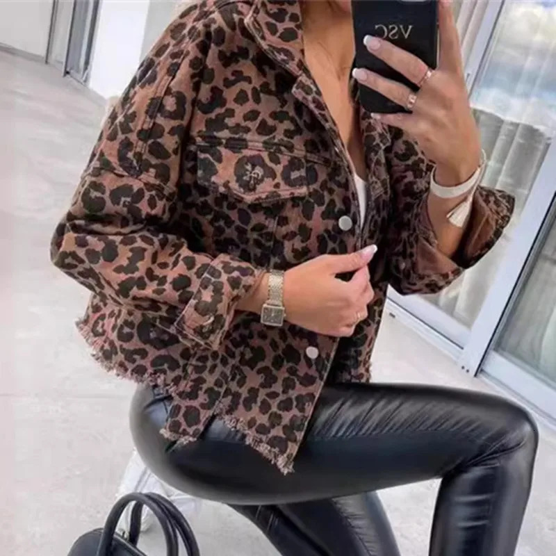 Fashion leopard print fringe hem jacket for womens casual jacket womens spring and autumn collar single breasted open denim jacket 241112