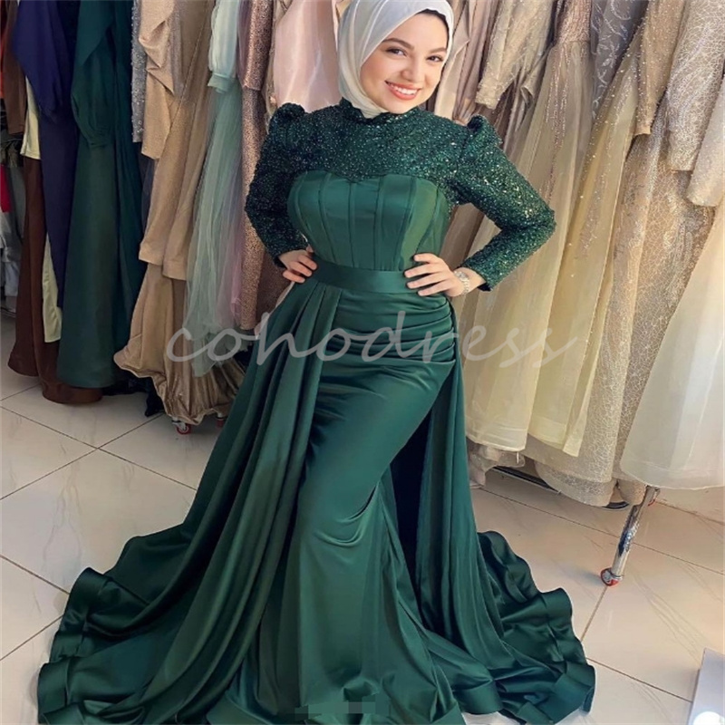 Gorgeous Green Mermaid Evening Gowns Luxury High Neck Arabic Dubai Prom Dress With Sequin Long Sleeve Formal Party Luxury Birthday Vestio De Fiesta 20