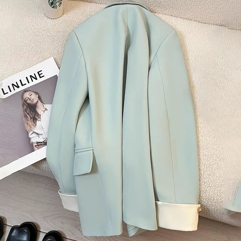 Elegant Office Patchwork Blazer Coat Women Loose Lapel Long Sleeve Button Suits Early Autumn Fashion Female Outwears 241112