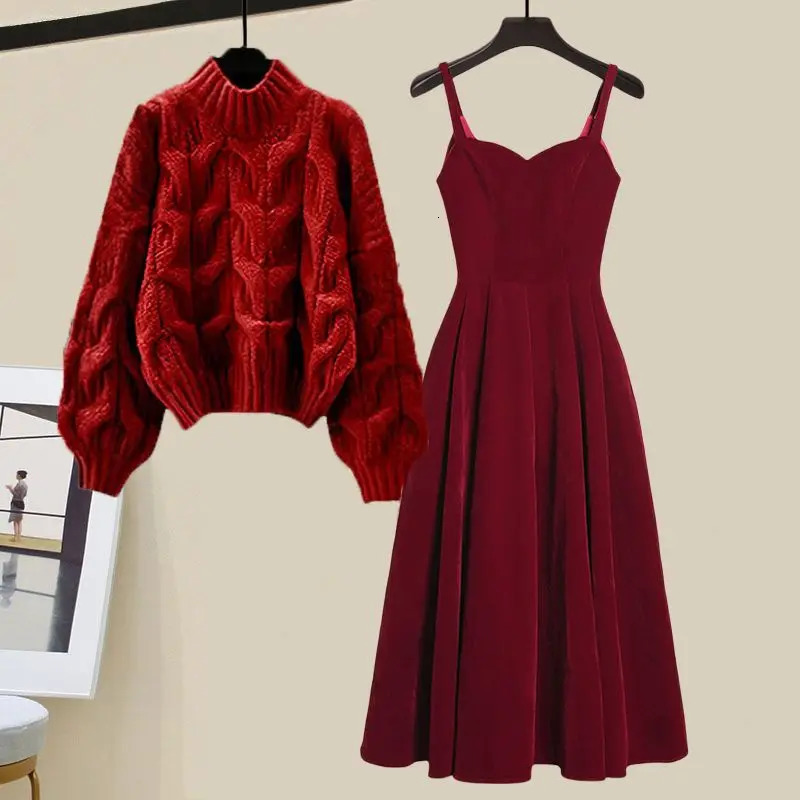 Autumn/Winter Womens Set Korean Edition Year Robe Red SweaterWarm Dress Two Piece Set 241112