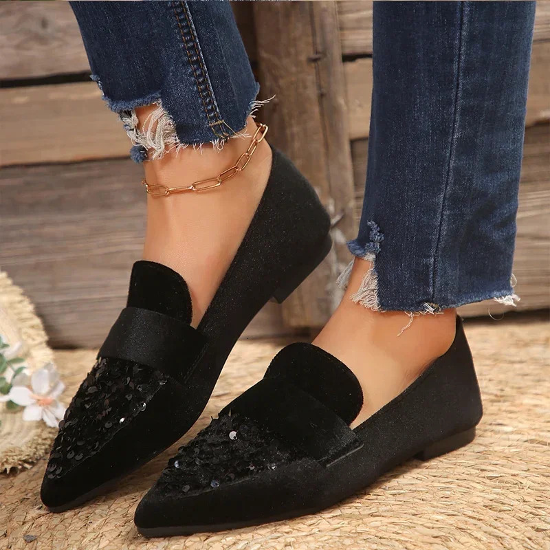 Velvet Womens Sparkling sequin Embroidered Loafers Womens Fashion Dot Toe Silver Grey Velvet Ballet Flat Shoes 241111