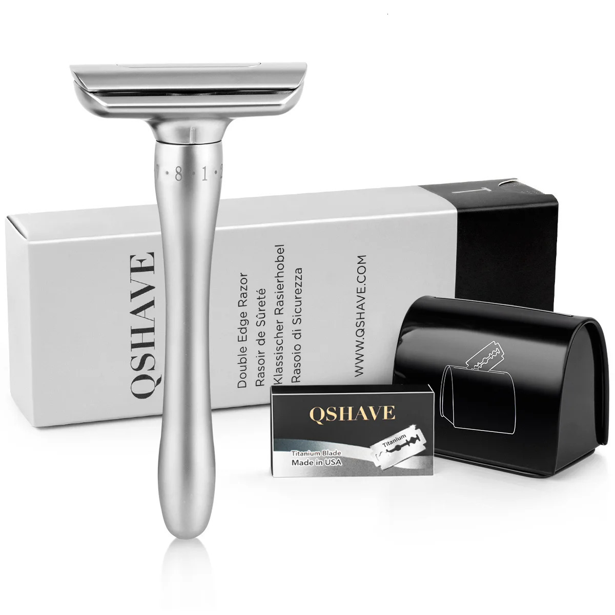 QShave Adjustable Safety Shaver with Magnetic Cover 1 Shaver 1 Blade Disposable Case and 5 Blades 241112