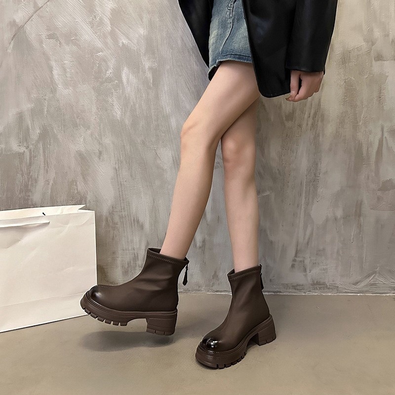 Women's Boots:Fashion Versatile Short Boots Martin Boots 2024 New Thick Sole Increase Height Comfort,Black/Brown,Free shipping