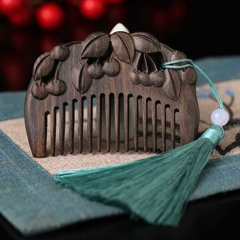Charcoal flower bird comb natural peach wood small comb anti-static head massage hair comb easy to carry for travel W241112