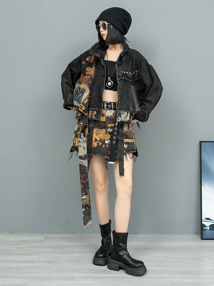 autumn trend printed dress set retro denim long sleeved cardigan jacketshort sleeved two-piece set womens ZF229 241112