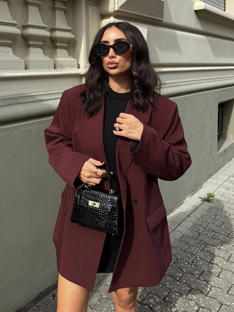 Vintage Womens Burgundy Jacket Autumn Elegant Long Sleeve Double Chest Exterior Office Jacket Womens Fashion Jacket 241111