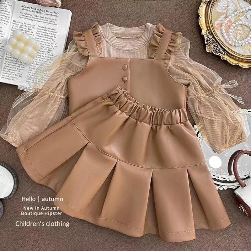 Children Autumn Winter Style Long Sleeve Sweater Vest PU Leather Short Skirt Girls Three Piece Set Kids Outfits 241112