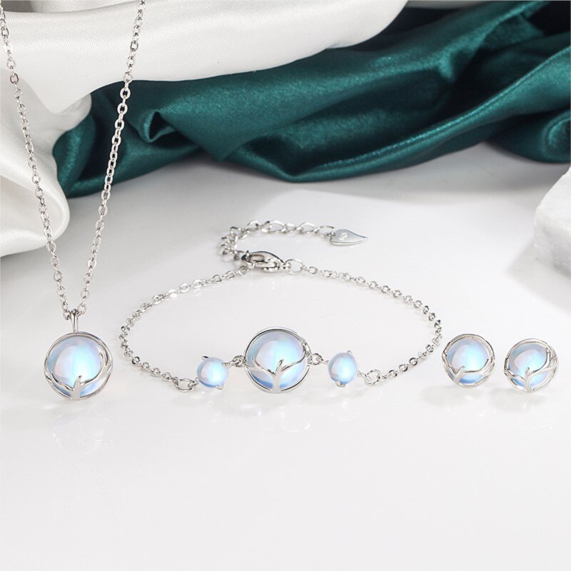 Moonstone Antler Stud Earrings Necklace Bracelet Jewelry Sets for Women Engagement Party Jewelry