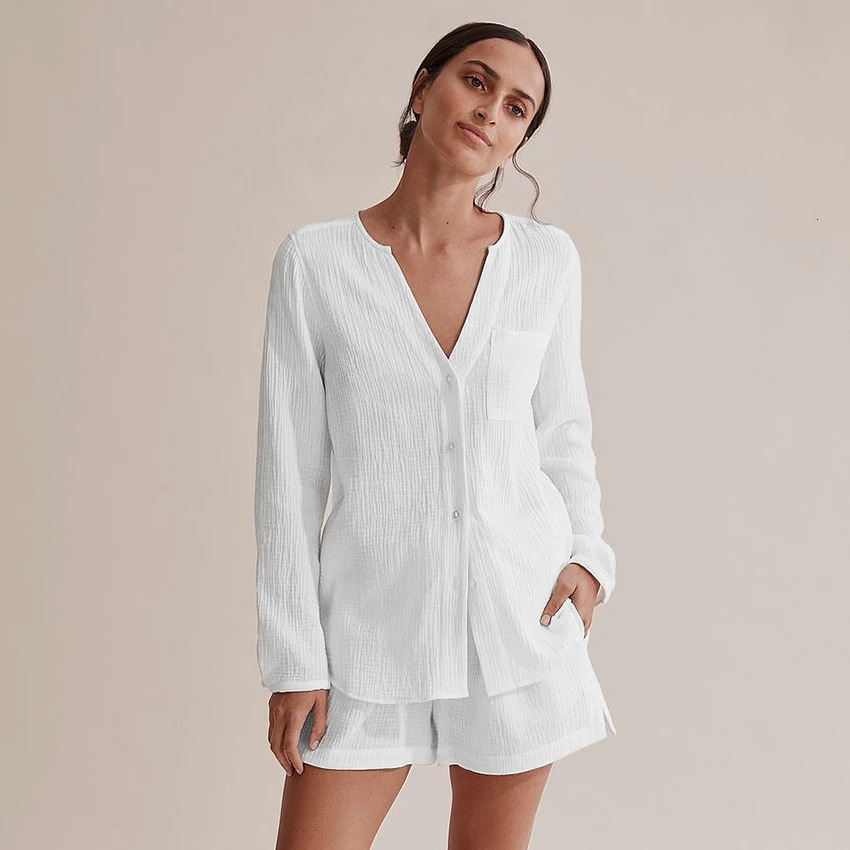 Hiloc pocket white sleepwear cotton dress womens short sleeved lace long sleeved set womens 2-piece V-neck womens sleepwear spring 241112