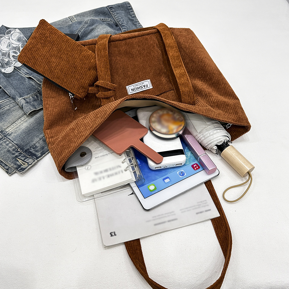 Women Corduroy Tote Bag Casual Fashion Hobo Bag Large Capacity Zipper Shoulder Bag Versatile with Purse Winter Commuting Bag