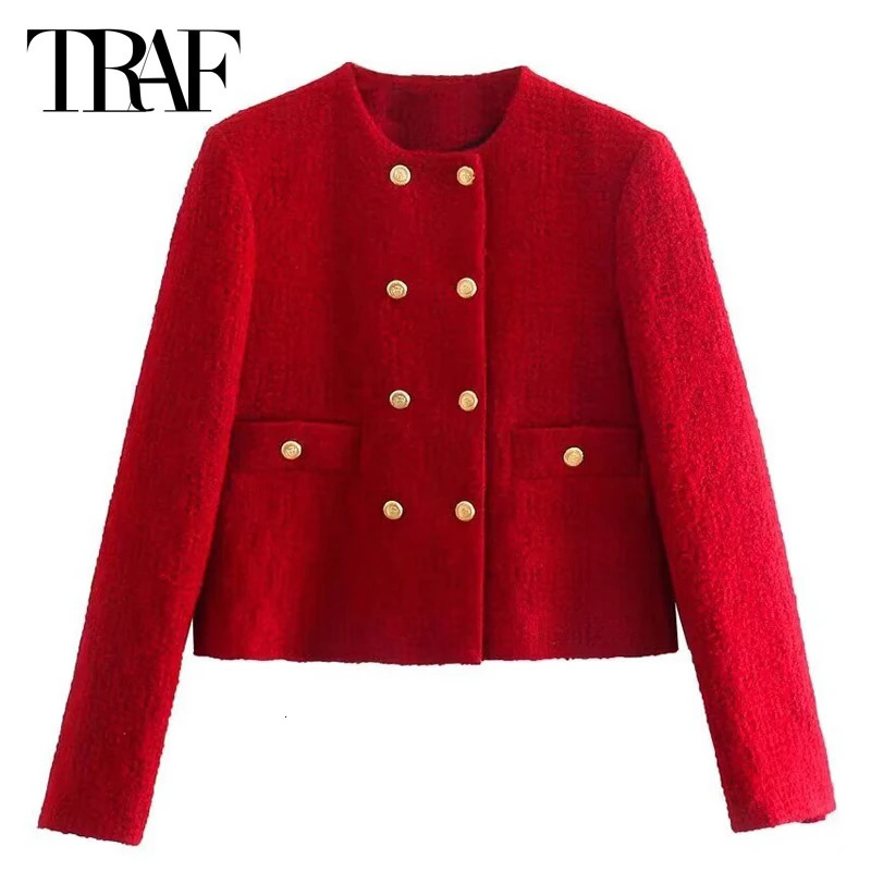 TRAF Womens Coarse Felt Texture Coat Womens Jacket Office Wear Womens Red Double Chest Long Sleeve Jacket 241111