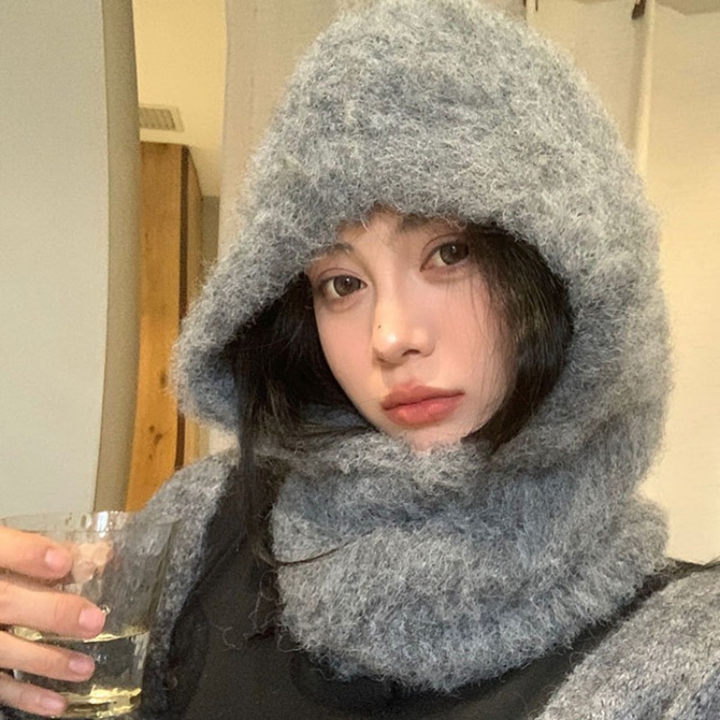 Simple Wool Blended Mohair Balaclava Hat Premium Gray Loose Plush Pullover Scarf Integrated Warm Beanie Hats for Women Bonnet