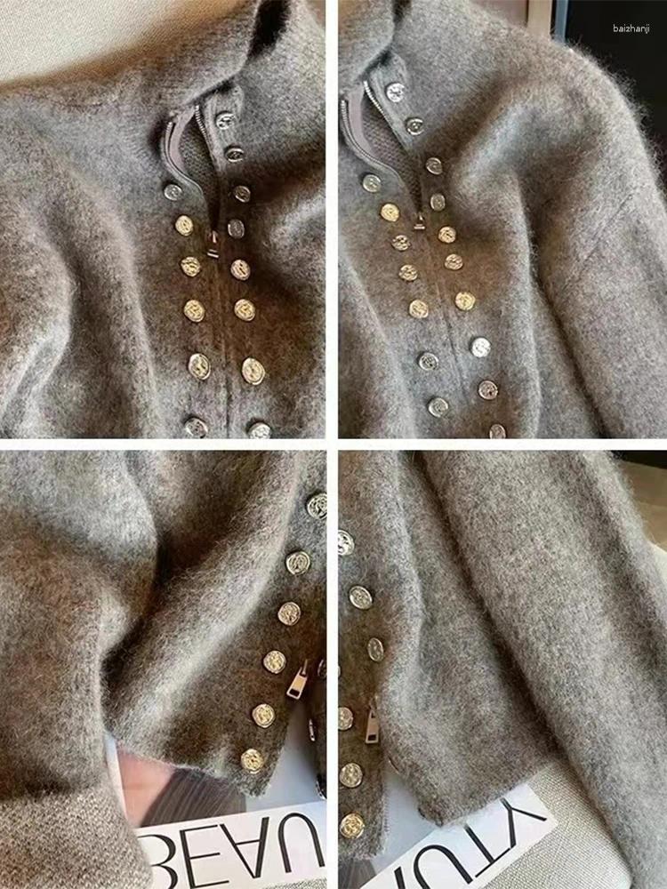 Womens Knits Grey Cardigan Sweater Harajuku Korean Y2k Long Sleeves O-Neck Cashmere Sweaters Jumper Vintage 2000s Clothes Autumn 2024
