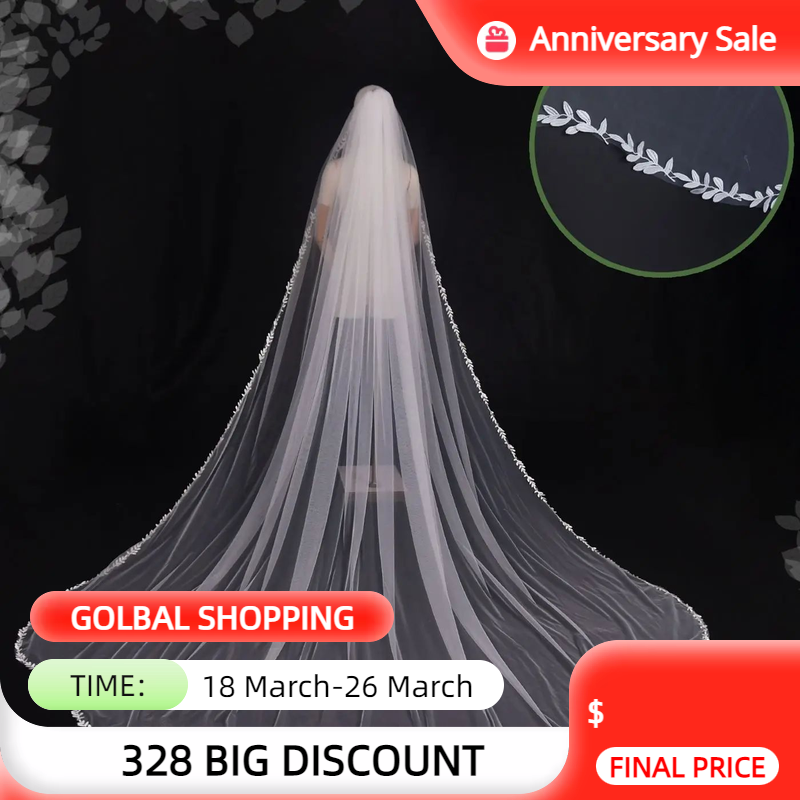 V142 Long Bridal Veils with Comb 1 Tier Wedding Veil Scalloped Edge Lace Trim Cathedral Length Wedding Accessories for Bride