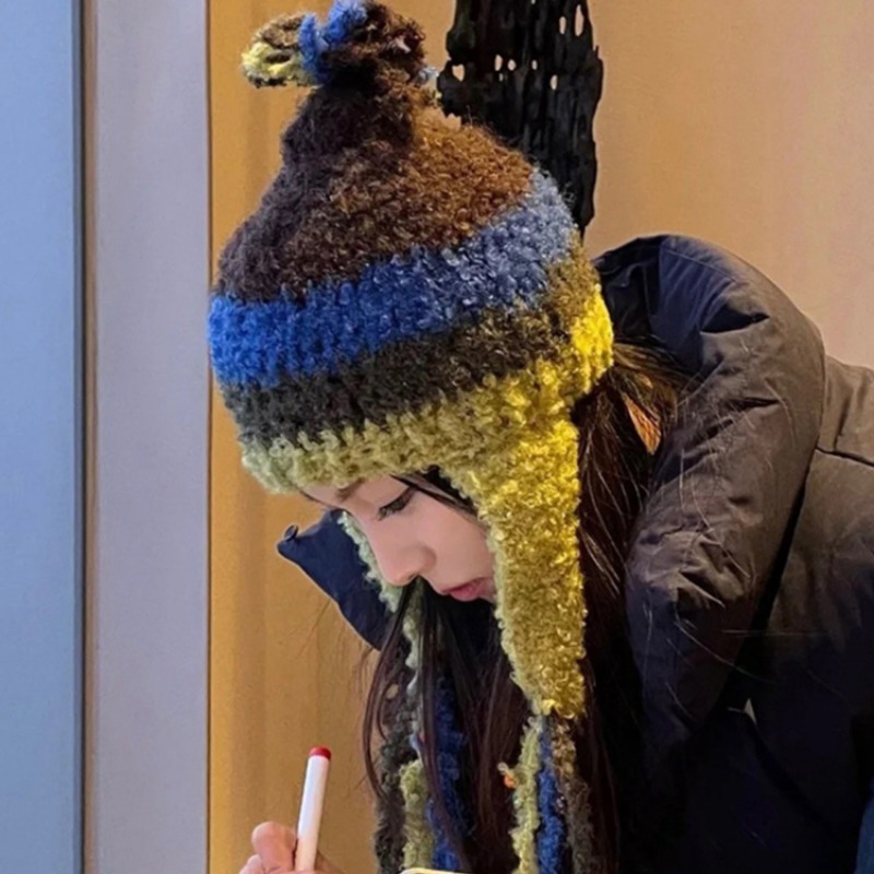 Y2K Autumn Winter Crochet Hats for Women Ears Warm Blue Green Beanies Female Preppy Windproof Cap Earflap Bomber Hat Gorra 002e8