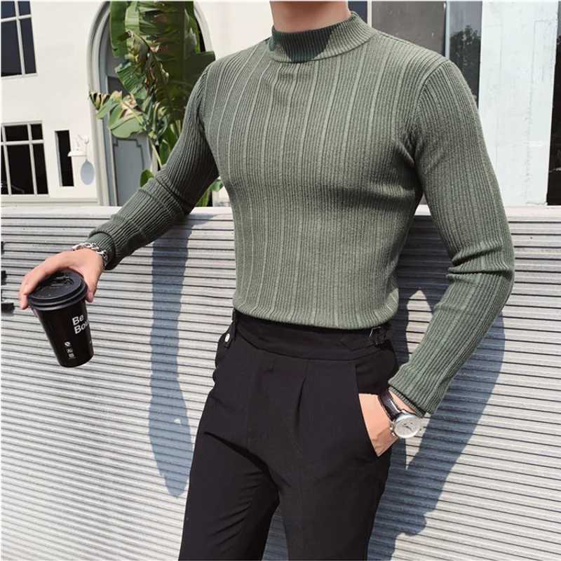 Plus Size 4XL-M Autumn/Winter Half Neck Striped Sweater Mens Elastic Knitted Lanka Korean Ultra Thin Solid Tight Sweater Top W2411111